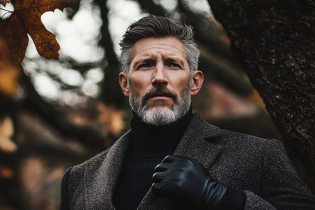 A mature man wearing an elegant coat standing in a forest setting. AI-generated.の素材