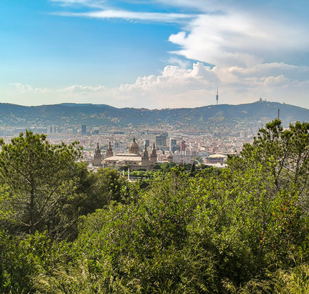View of the National Palace of Montjuic, in Barcelona, Spain, from Montjuic hill, with green trees in foreground and mount Tibidabo in backgroundの写真素材