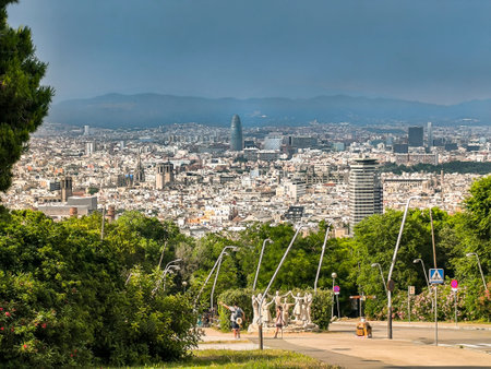 Barcelona, Spain, 05.31.2025: View of the skyline of the city from Montjuic mount viewpoint, with...