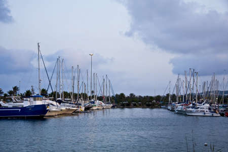 landscape with ships, maritime environment, of fishing, approaches the nightの写真素材