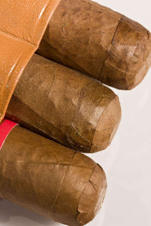 Three pure Havana cigars beginning to show from the tobacco pouchの写真素材