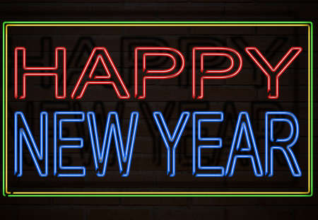 It represents a building with a neon sign that says happy new year.の写真素材