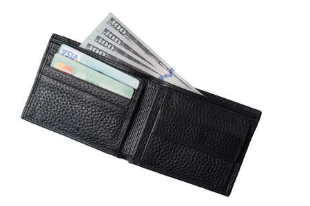 Odessa, Ukraine - April 12, 2020: New black genuine leather wallet with banknotes and credit card inside, isolated on white background. Top viewのeditorial素材