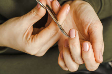 Female hands with manicure hold a nail treatment toolの写真素材