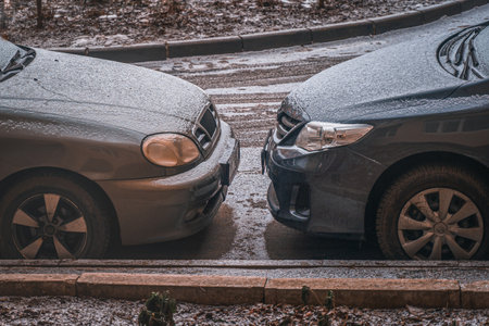 two cars are parked very close to each other.の写真素材