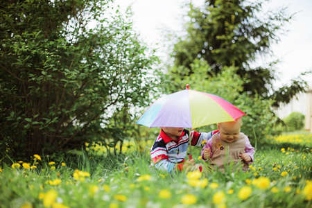 two babies sitting in the garden under the umbrella
の写真素材