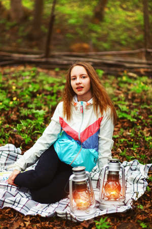 Young woman portrait happy on the outdoors.の写真素材