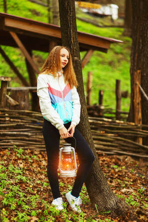 Young woman portrait happy on the outdoors.の写真素材