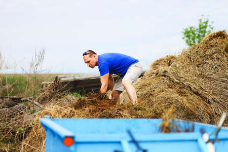The man carries hay on a cart.の写真素材