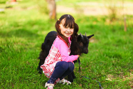 The Children happy outdoors feeding a goats.の写真素材