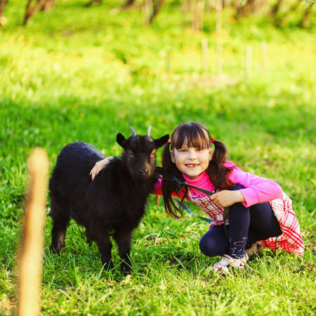 The Children happy outdoors feeding a goats.の写真素材