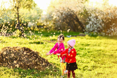 The child in garden happy resting outdoors.の写真素材