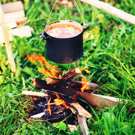 The cooking a pan the soup camping.の写真素材