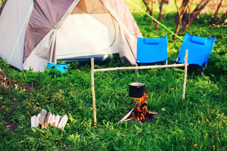 The cooking a pan the soup camping.の写真素材