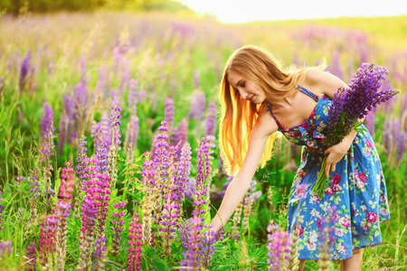 Beautiful young girl in the colours of the lupins.の写真素材
