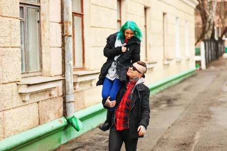 Love story of young people on the street.の写真素材
