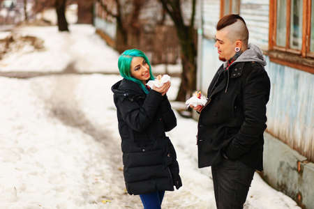 Love story of young people on the street.の写真素材