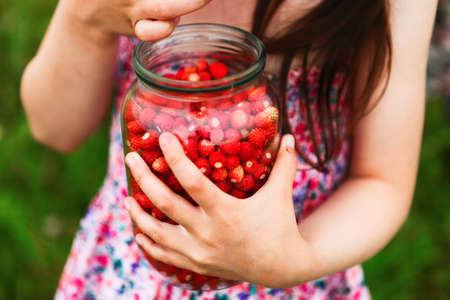 The Ripe strawberries in a glass container.の写真素材
