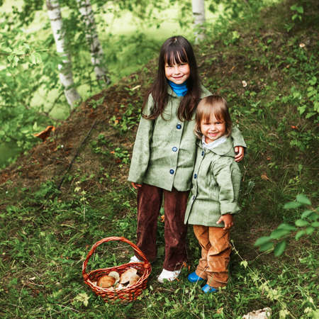 The children gather mushrooms in the forest.の写真素材