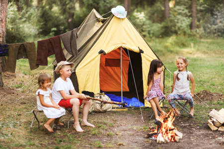 The Children walk in the campaign outdoors.の写真素材