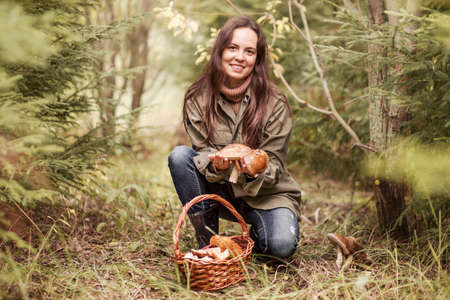 Young woman gathers mushrooms in the forest.の写真素材