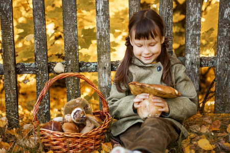 The little girl went to pick mushrooms.の写真素材
