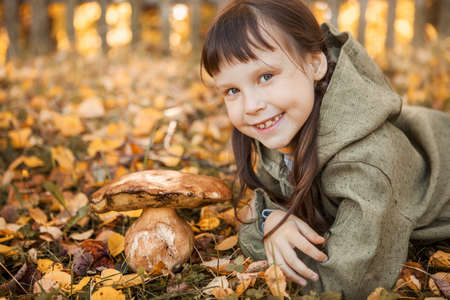 The little girl went to pick mushrooms.の写真素材