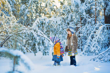 Children in the winter woods happy outdoors.の写真素材