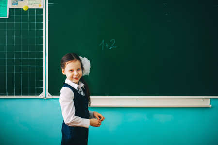 Schoolgirl stands at the blackboard with a pointer.の写真素材