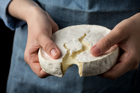 Woman in blue apron holding soft french camembert cheese on dark background. Studio shot