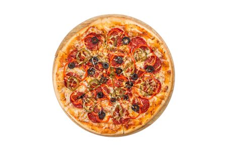 Pizza with jalapeno, pepperoni and olives isolated on white background top viewの写真素材