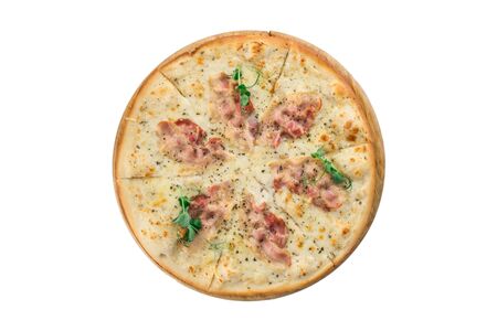 Carbonara pizza with bacon, cheese on wooden board isolated on white background top viewの写真素材