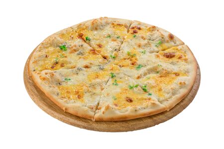 Quattro formaggi italian pizza with four sorts of cheese isolated on white background side viewの写真素材