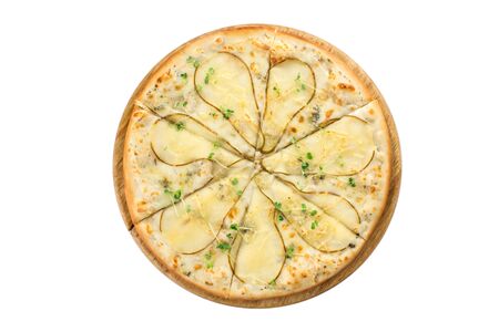 Traditional pizza with pear, nuts and blue cheese isolated on white background top viewの写真素材