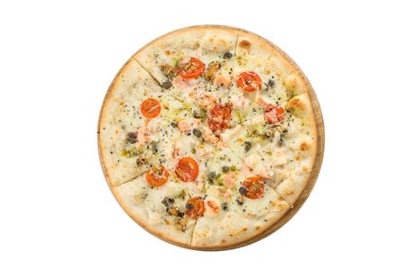 Delicious seafood pizza with salmon, capers and tomatoes on wooden board isolated on white background top viewの写真素材