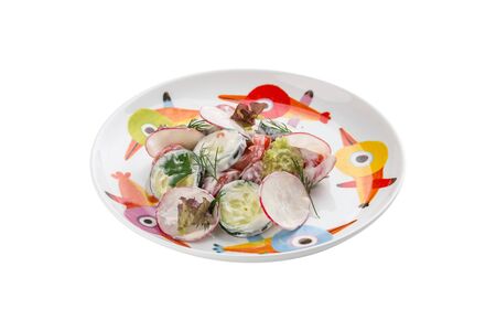 Fresh Vegetable Salad with cucumber, radish and Sour Cream in colorful bowl isolated on white background side viewの写真素材