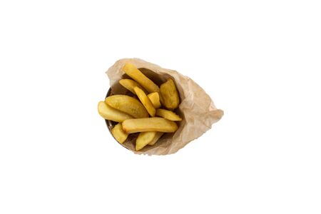 French fries in metal bucket isolated on white background top viewの写真素材