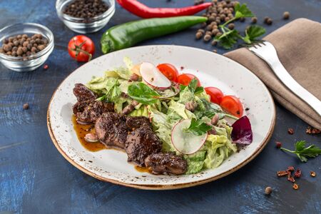 Salad with Chicken Liver, lettuce and beans on blue background side viewの写真素材