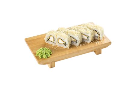 Sushi maki roll with wasabi on wooden Board isolated on white background side viewの写真素材