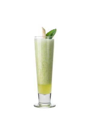 Homemade vegan green smoothie with fruit and vegetables isolated on white background side viewの写真素材