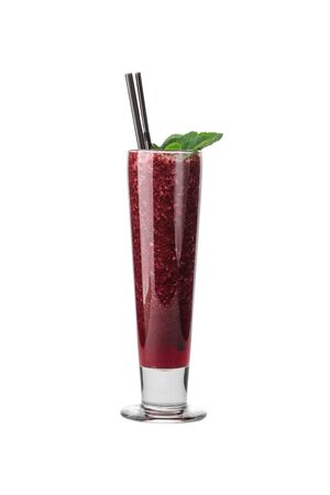Glass of fresh blueberry smoothie isolated on white background side viewの写真素材