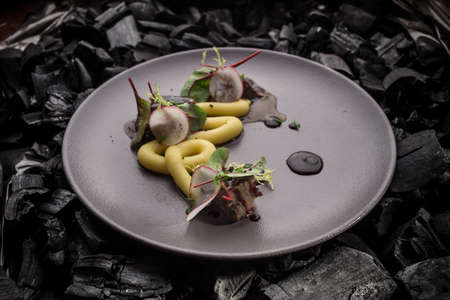 braised beef meat with mashed potato snack on charcoal black background side viewの写真素材