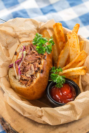 Barbeque Pulled Pork Sandwich with tomato Sauce and Fries on fabric napkin side viewの写真素材