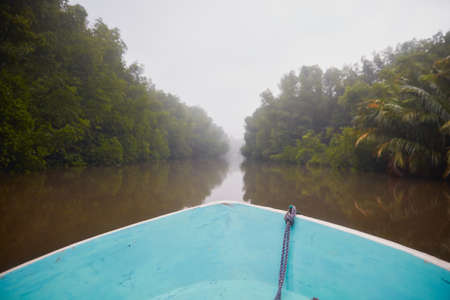 Boat on the jungle river in the mist