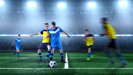 Young soccer players in action on the soccer stadium. Crowd and stadium made in 3Dの写真素材
