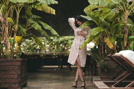 Fashion female posing in stylish dress near palm treesの写真素材