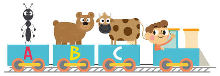 Cute ant, bear, cow, child, alphabet trainのイラスト素材