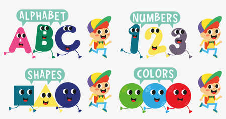 Cute letters, numbers, shapes, colors run with the boy in the hatのイラスト素材