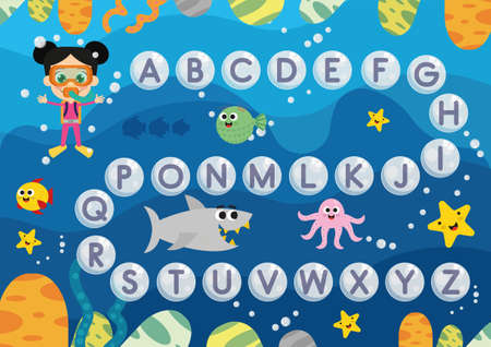 Cute diver girl, English alphabetのイラスト素材