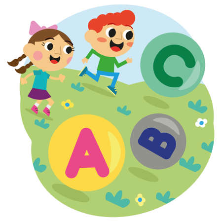 Cute kids chasing letter balls vector illustrationのイラスト素材